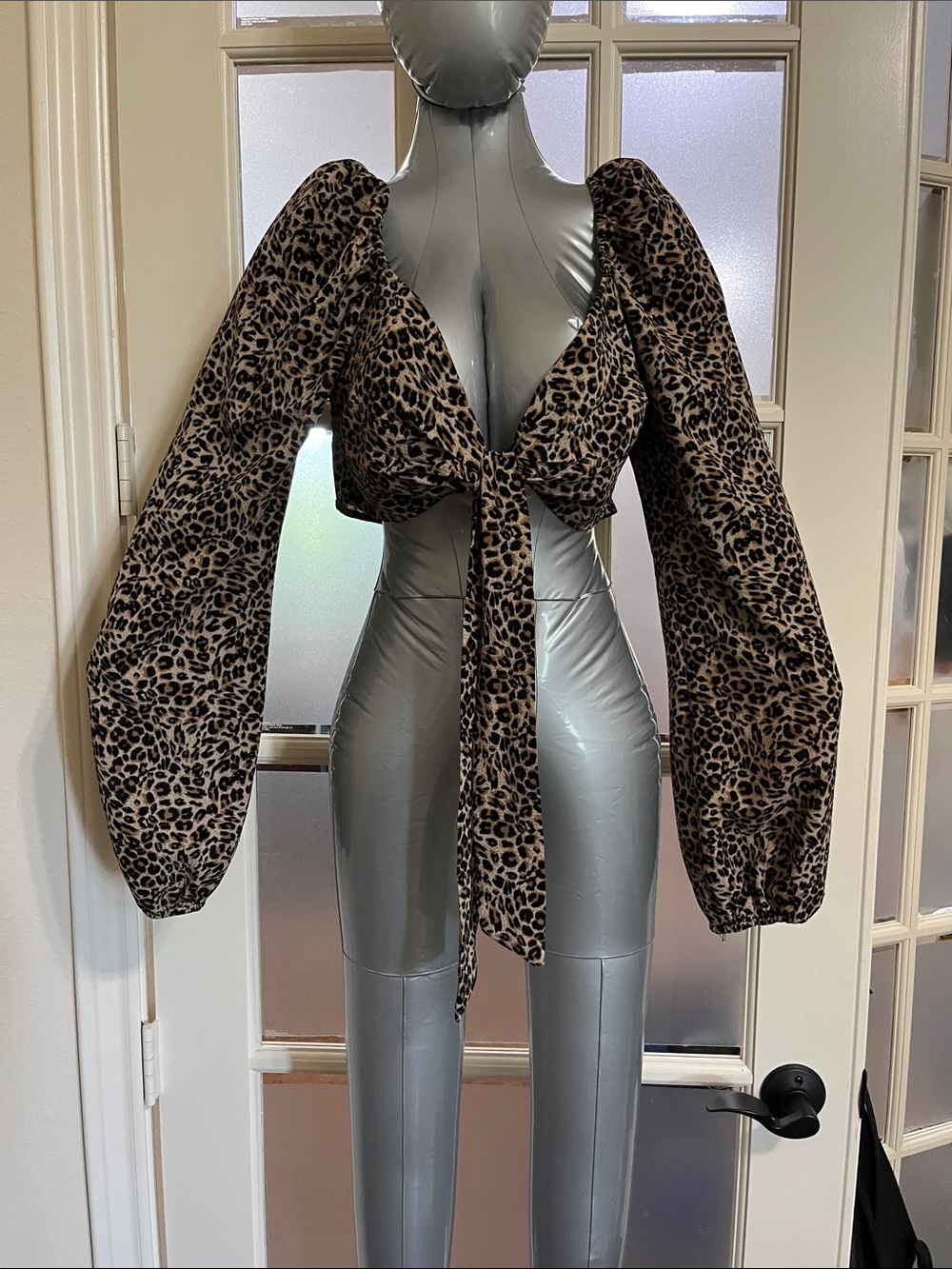 Better Be Brown Leopard Tie-Front Puff Sleeve Crop Top